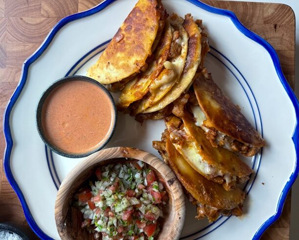 Crispy Chicken Tacos with Spicy Taco Sauce & Pico de Gallo