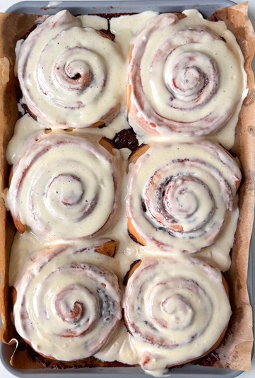 Cinnamon Rolls with Caramel Sauce & Vanilla Bean Frosting