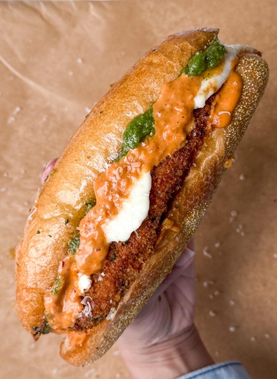 Crispy Chicken Parmesan Sandwich with Pesto & Creamy Tomato Sauce